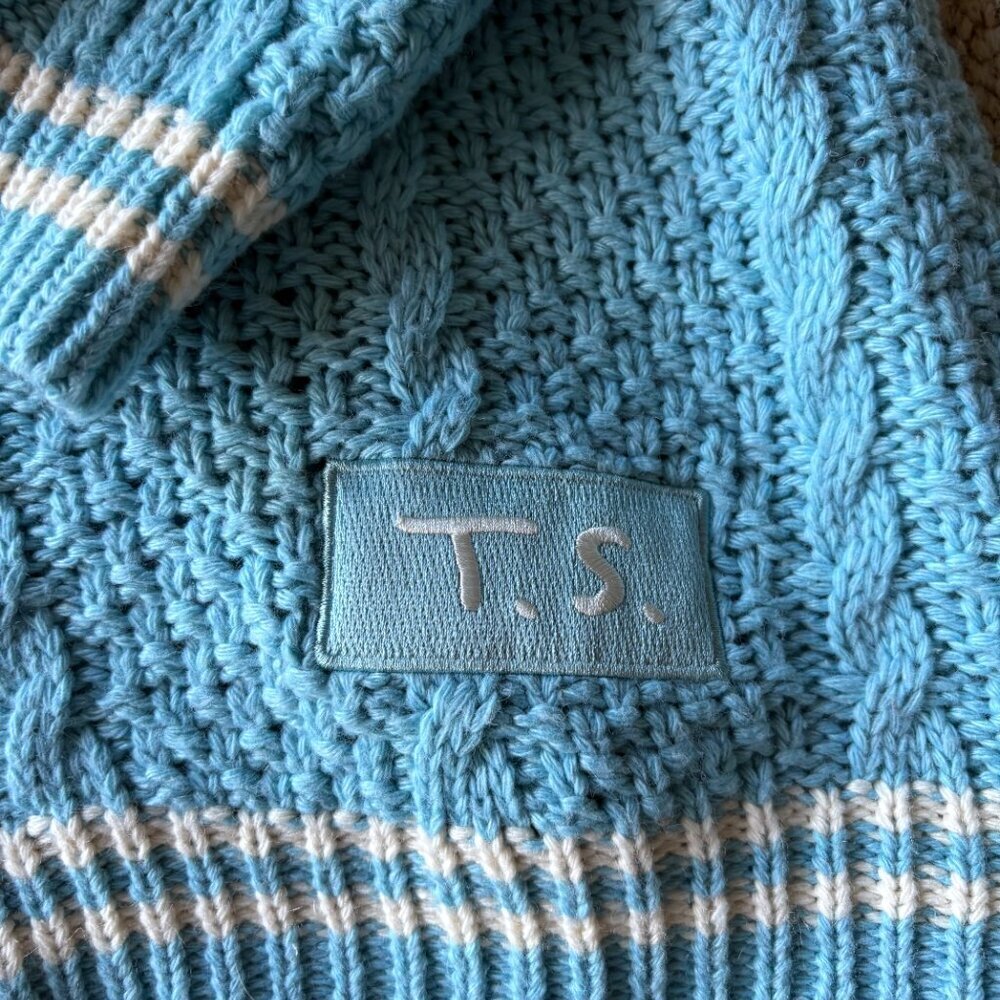 Cozy Swiftie 1989 Blue White Cable Knit Oversized Cardigan Sweater M/L Classic - Picture 5 of 9